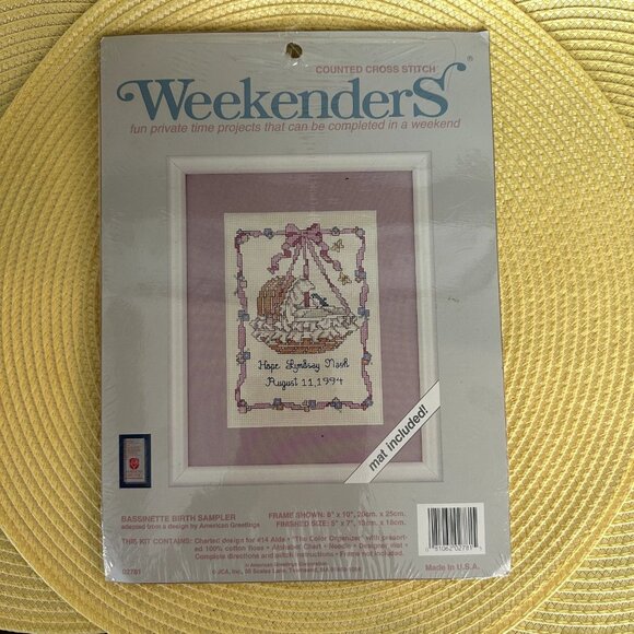 Vintage 1994 JCA Weekenders Cross Stitch Kit Bassinnette Birth Sampler 02781 - Picture 2 of 7